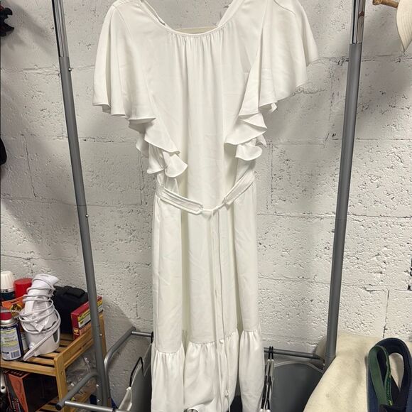 Amanda Uprichard White Off-the-Shoulder Maxi Dress Belted - Short Sleeve SMALL - Picture 2 of 4